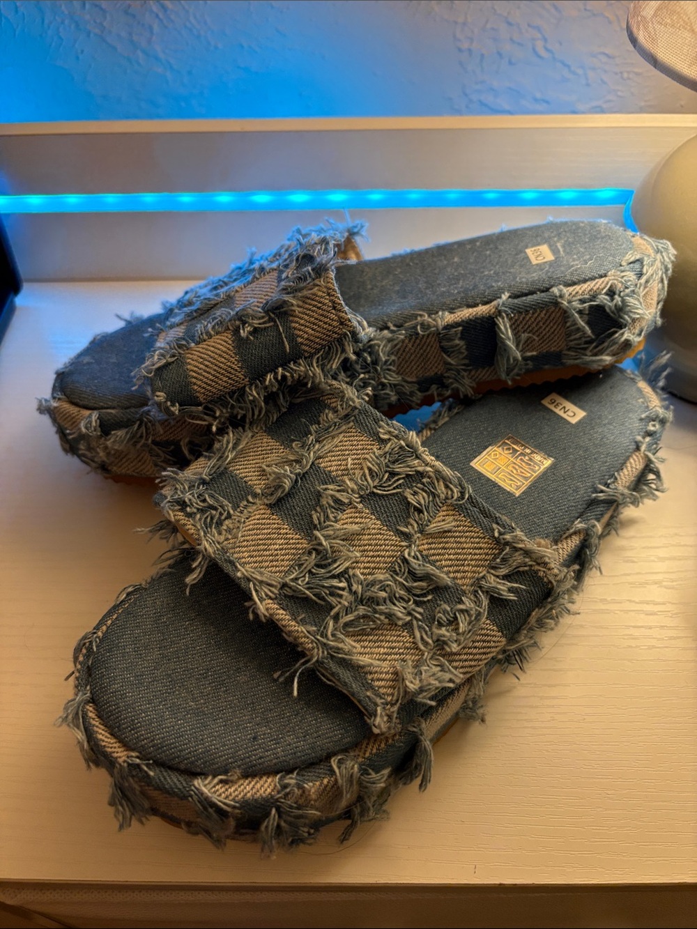 Frayed Denim Check Slide Sandals - Blue and White